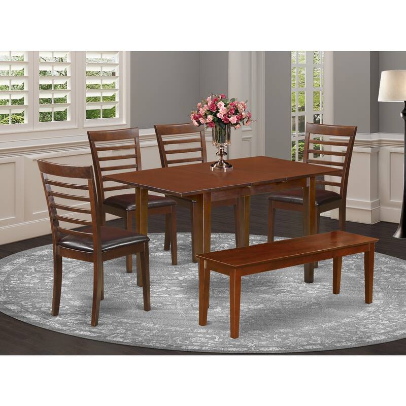 Victorian Dinette Set - 42/54" Dining Table with Leaf & 4 Faux Leather Chairs, Bench Included