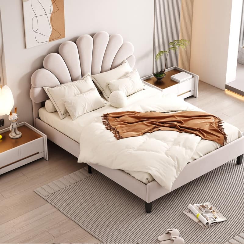 Full Size Velvet Upholstered Platform Bed w/Flower Pattern Headboard