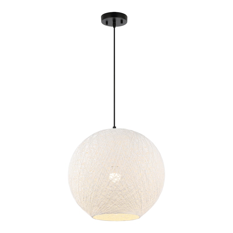 Louisa 1-Light Bohemian Minimalist Iron/Rope Woven Globe LED Pendant, White/Black by JONATHAN Y - 19.5"