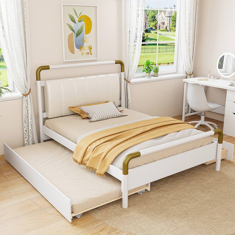 Queen Size Platform Bed with PU Backrest, Trundle Bed & 2 Storage Drawers - White