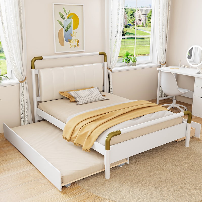 Queen Size Wooden Platform Bed with Upholstered Headboard, Solid Pinewood Storage Bed Frame with 2 Drawers and Twin-XL Trundle