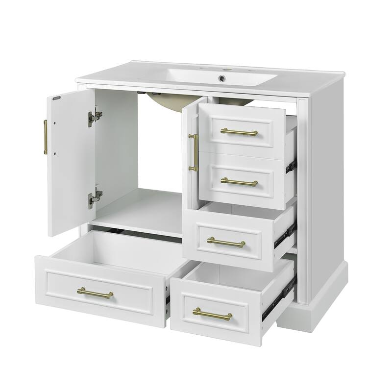 Traditional Bathroom Vanity with Ceramics Sink, Freestanding Cabinet with 3 Side Drawers, Bottom Drawer and 2 Soft Close Doors