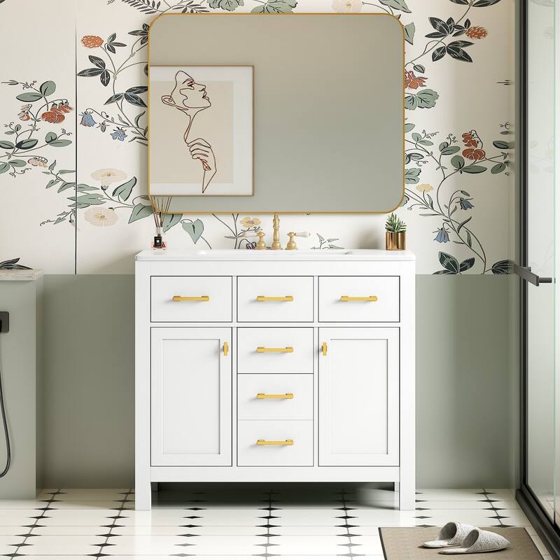 36" Bathroom Vanity with Ceramic Sink Set- Solid Wood Frame, Freestanding Storage Cabinet - White