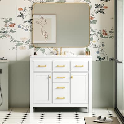 36" Bathroom Vanity with Ceramic Sink Set- Solid Wood Frame, Freestanding Storage Cabinet