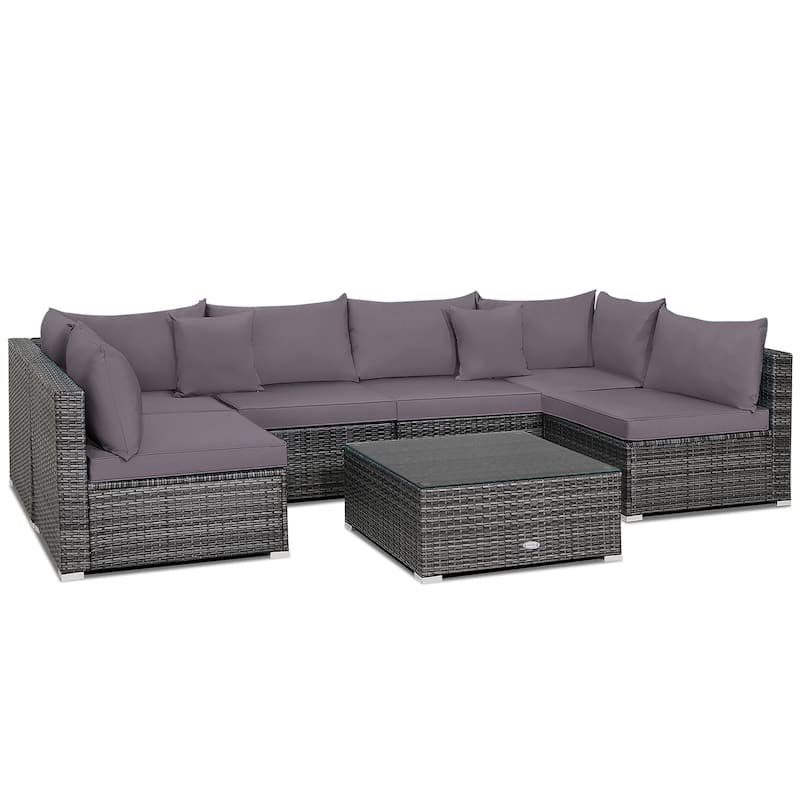 7PCS Patio Rattan Furniture Set Sectional Sofa Cushioned Garden - Grey