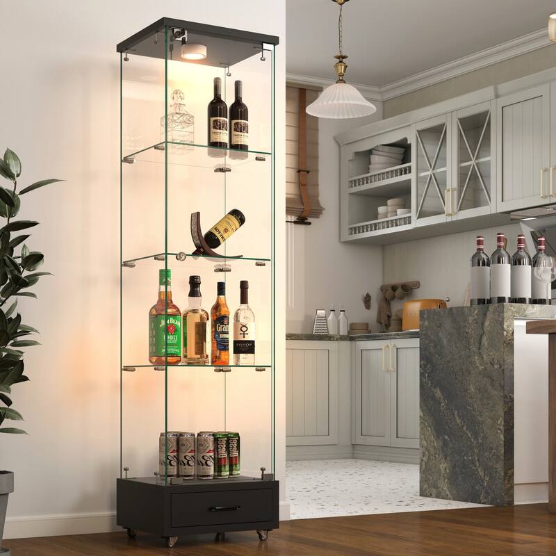 Modern Glass Display Cabinet with Drawer and LED lights for Living Room and Bedroom