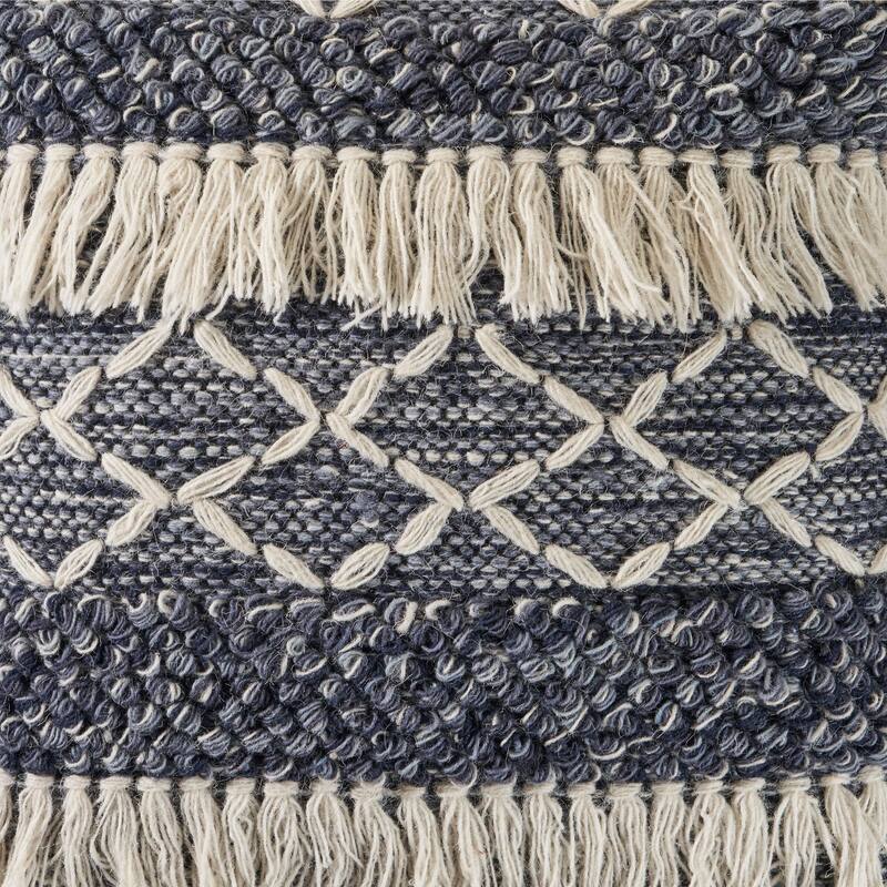 20" Navy Blue and Off White Textured with Fringe Square Throw Pillow