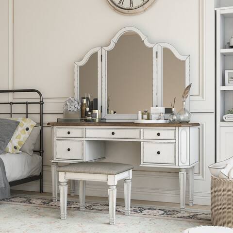 Furniture of America Priscille Antique and Oak 5-Drawer Vanity Set