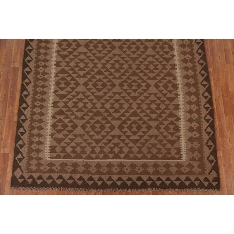 Hand Woven Oriental 100% Wool Carpet Southwestern Geometric Brown Kilim Area Rug - 9' 10'' X 6' 9''
