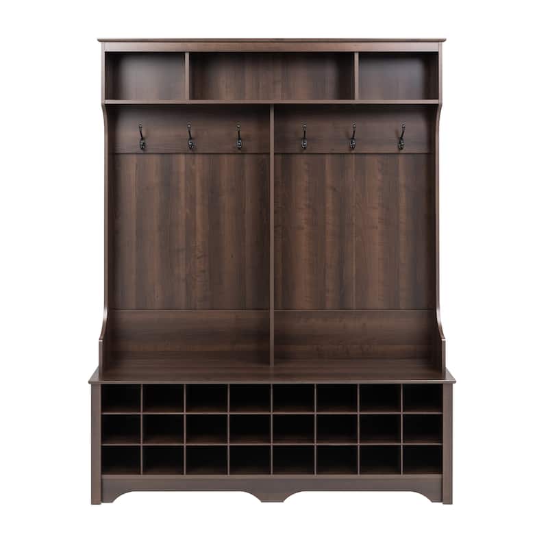 Prepac Hall Tree with Bench and Shoe Storage, Mudroom Bench with Storage and Hooks