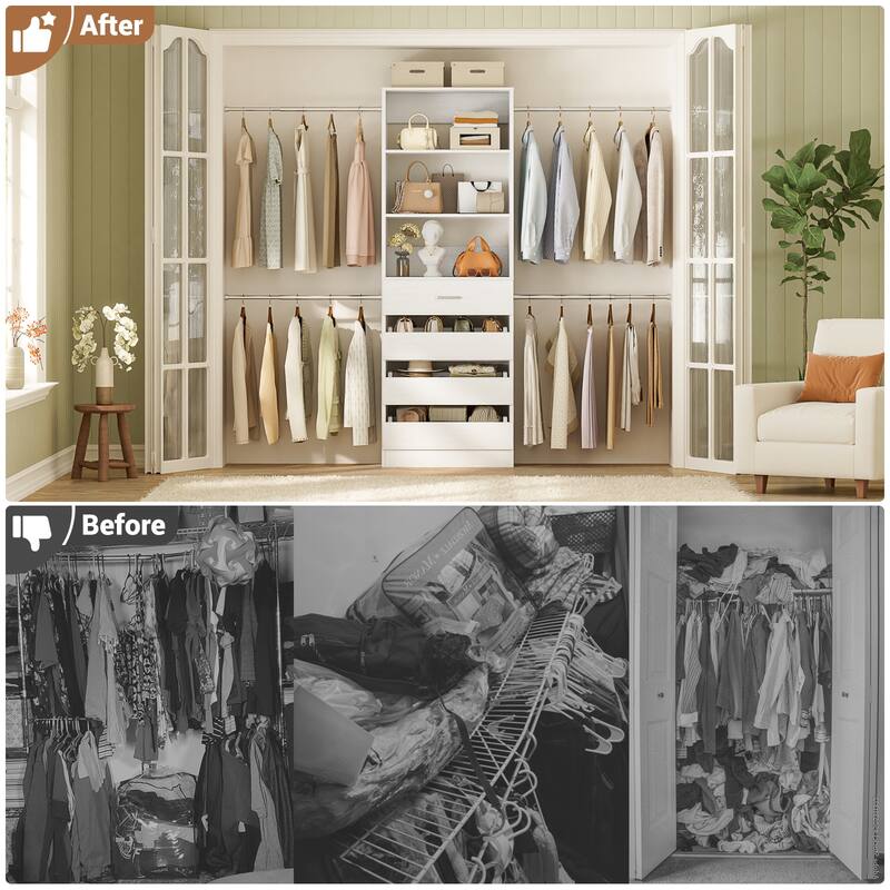Modular Closet System Wardrobe Organizer 4 Adjustable Hanging Rods + 4 Wooden Drawers, Space-Saving for 4-9Ft Closets