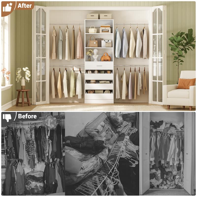 Rackcog 74''-115'' Closet System with 4 Wooden Drawers and 4 Hanging Rods, Sturdy Closet Organizer for Walk-in/Reach-in Closet