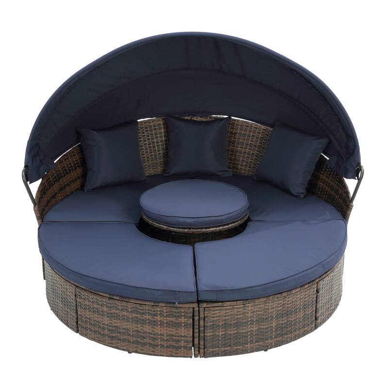 Hot Sale KD Rattan Round Lounge With Canopy Bali Canopy Bed Outdoor,Wicker Outdoor Sofa Bed with lift coffee table