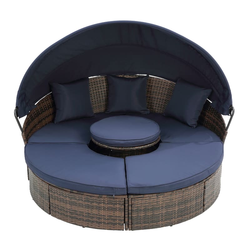 Navy Blue Adjustable Canopy Rattan Daybed