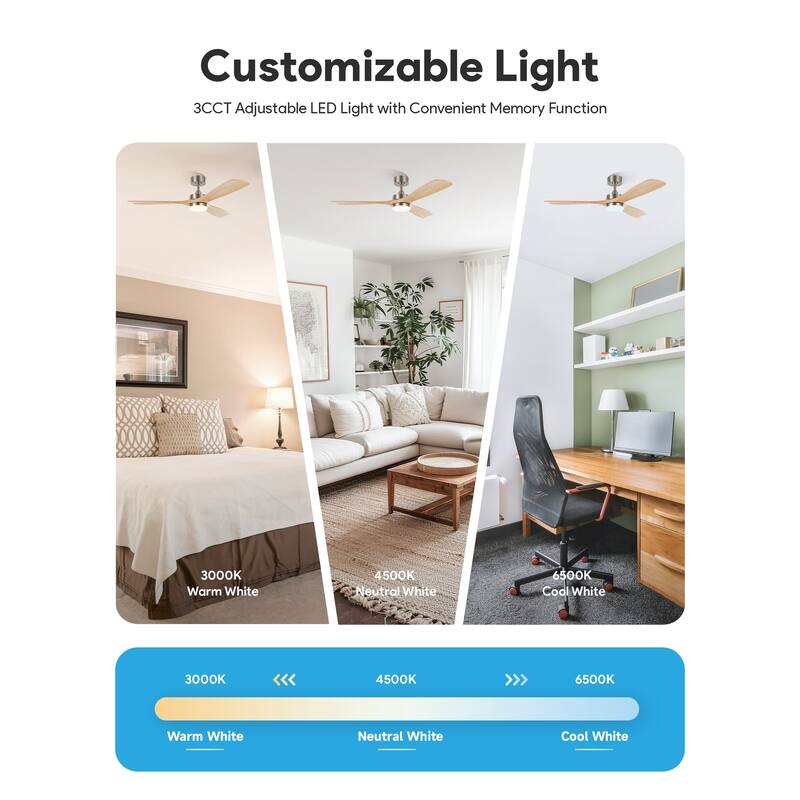 CO-Z 52" 3 -Blade Color-Changing LED Ceiling Fan With Light and Remote