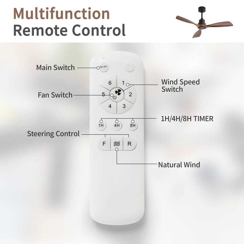 48 Inch Solid Wood Ceiling Fan without Light, Indoor/Outdoor 6 Speed Remote Ceiling Fan with 3 Reversible Blades