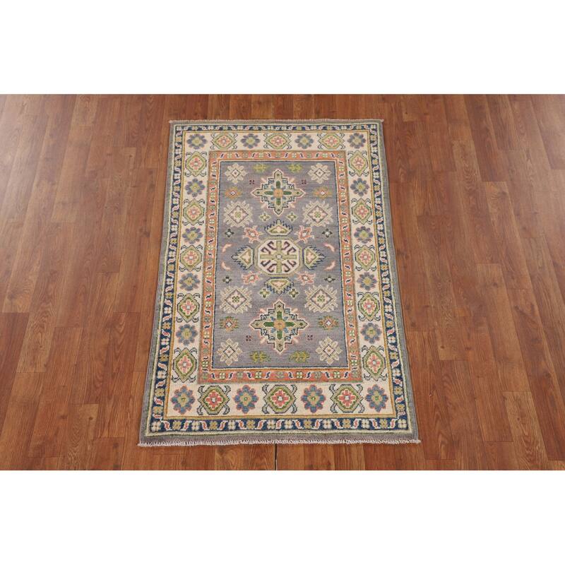 Gray Kazak Foyer Rug Hand-Knotted Geometric Wool Carpet - 2'7" x 4'2"