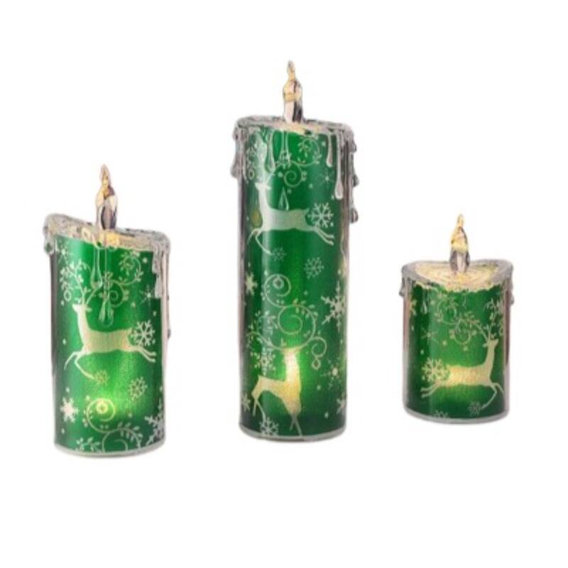 3pc Reindeer Snowflake LED Flameless Candle Lights 9.5" Green Clear