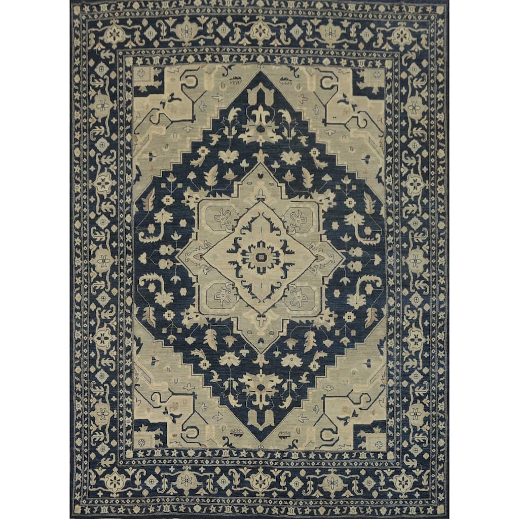 Blue Geometric Oushak Turkish Large Rug, Medallion Geometric Carpet - 14' 8'' X 12' 0''