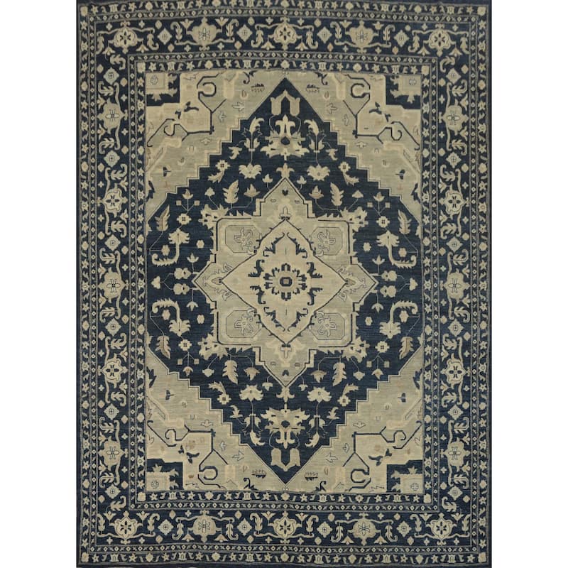 Blue Geometric Oushak Turkish Large Rug, Medallion Geometric Carpet - 14' 8'' X 12' 0''