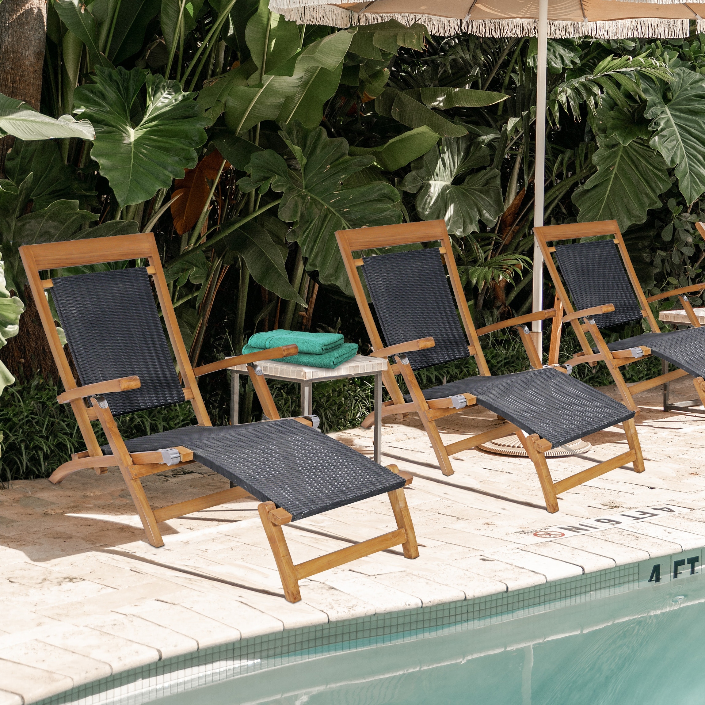 Chic Teak Narmada Teak Wood and Woven Steamer Chair, Black