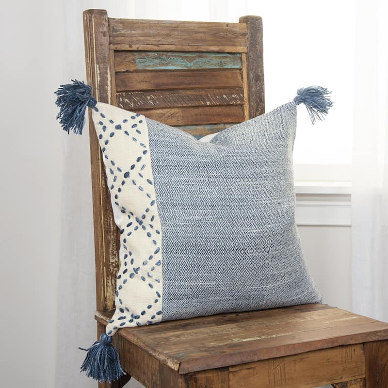 Color Block Poly Woven Pillow Cover - Ivory / Blue