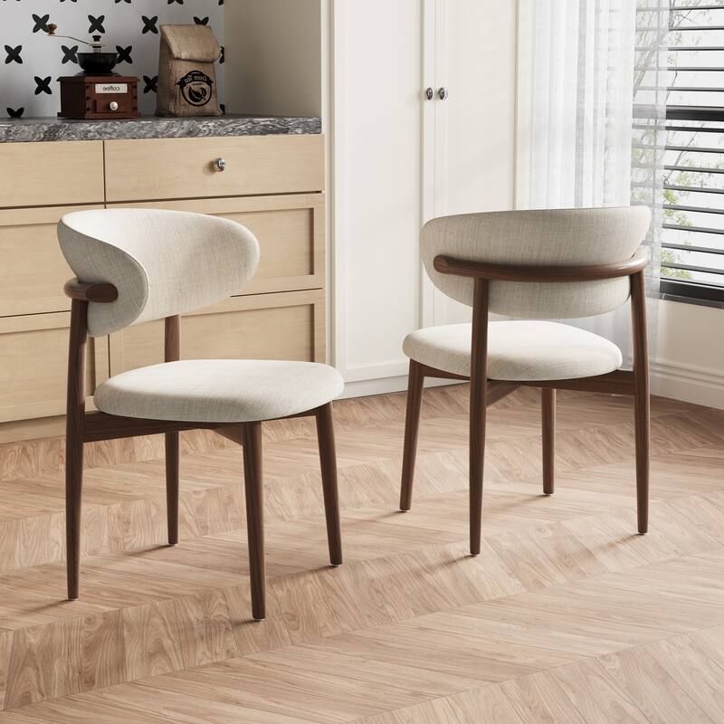 Mid-Century Dining Chair, Solid Wood Legs, Kitchen Chairs with Beige Cotton & Linen Fabric, Fully Assembled