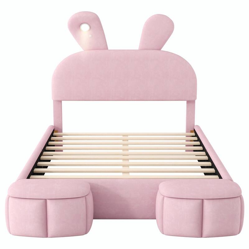 Full Size Upholstered Platform Bed with Cartoon Ears Headboard & Built-In Light