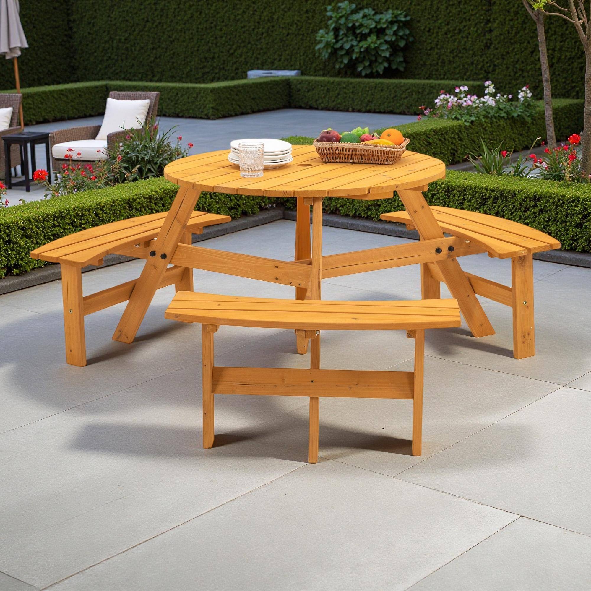 6 person round patio table with umbrella hole Outdoor Wood Picnic Bench Set Crafted from e MAISON ARTS 7 Pieces Outdoor
