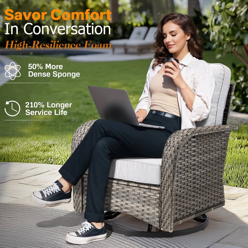 OVIOS 7-piece Patio Wicker Swivel Rocking Chair Set With Fire Pit