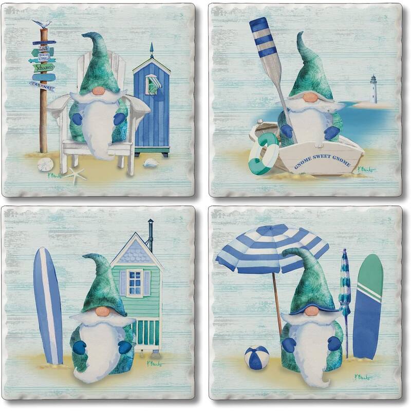 Coastal Gnomes 4 Pack Absorbent Stone Tumbled Tile Coasters with Protective Cork Backing 4" Square Manufactured in The USA - Multi