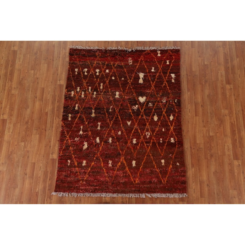 Hand Knotted Oriental 100% Wool Carpet Modern Geometric Red Moroccan Area Rug - 6' 4'' X 5' 0''