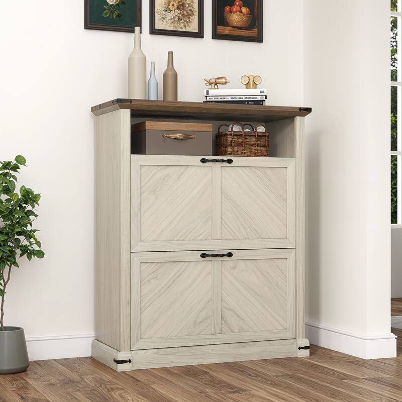 Moasis Farmhouse 16 Pairs Shoe Storage Cabinet with 2 Drawers Adjustable Shelves - Off White