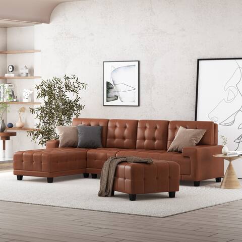 Harlar Faux Leather 4 Seater Sofa and Chaise Lounge Sectional Set with Ottoman by Christopher Knight Home