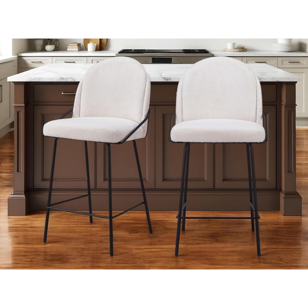 Set of Two 26" Ivory and Black Shearling and Stainless Steel Counter Height Bar Chairs