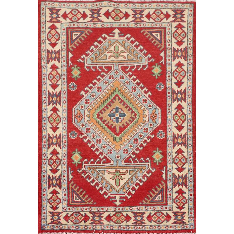 Geometric Red Kazak Oriental Accent Rug Handmade Foyer Wool Carpet - 2'7" x 3'10"