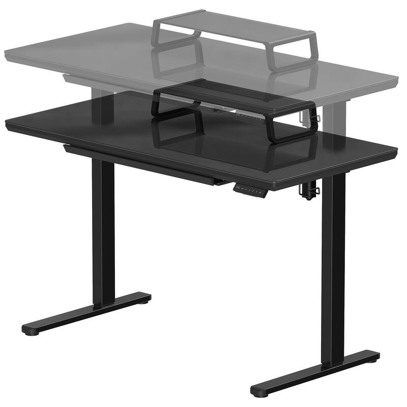 48Inch Glass Electric Height Adjustable Desk with Monitor Riser and Drawer, Black Bed Bath