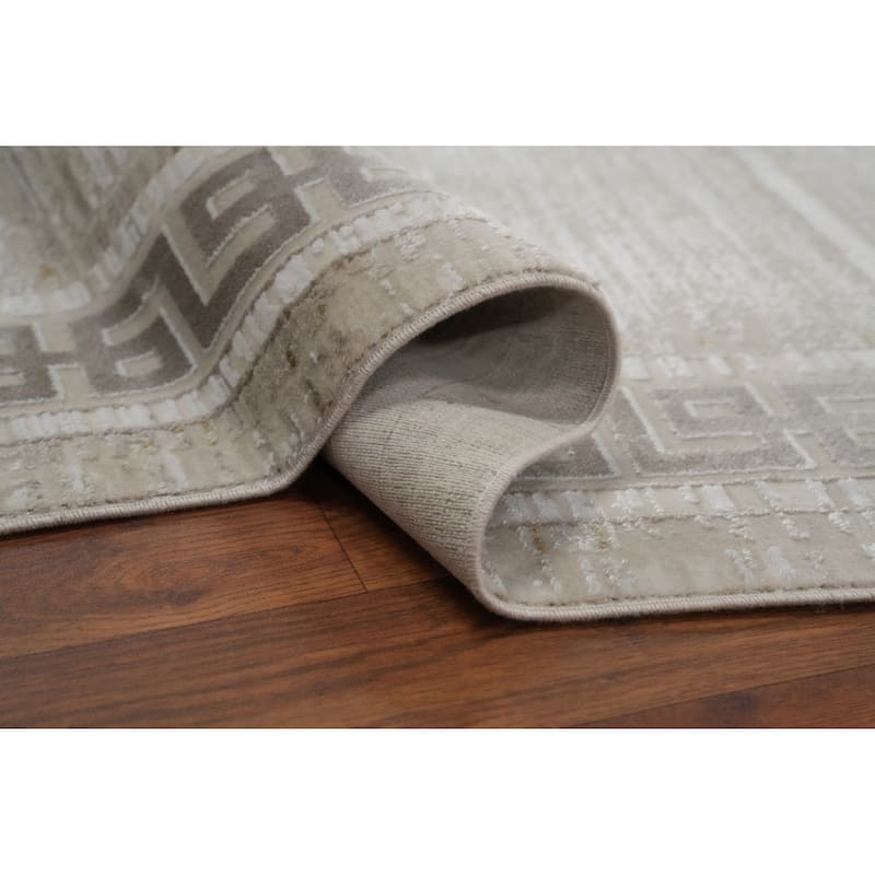 Machine Made Oriental Polyester Carpet Abstract Beige & Ivories Distressed Area Rug - 7' 5'' X 5' 2''