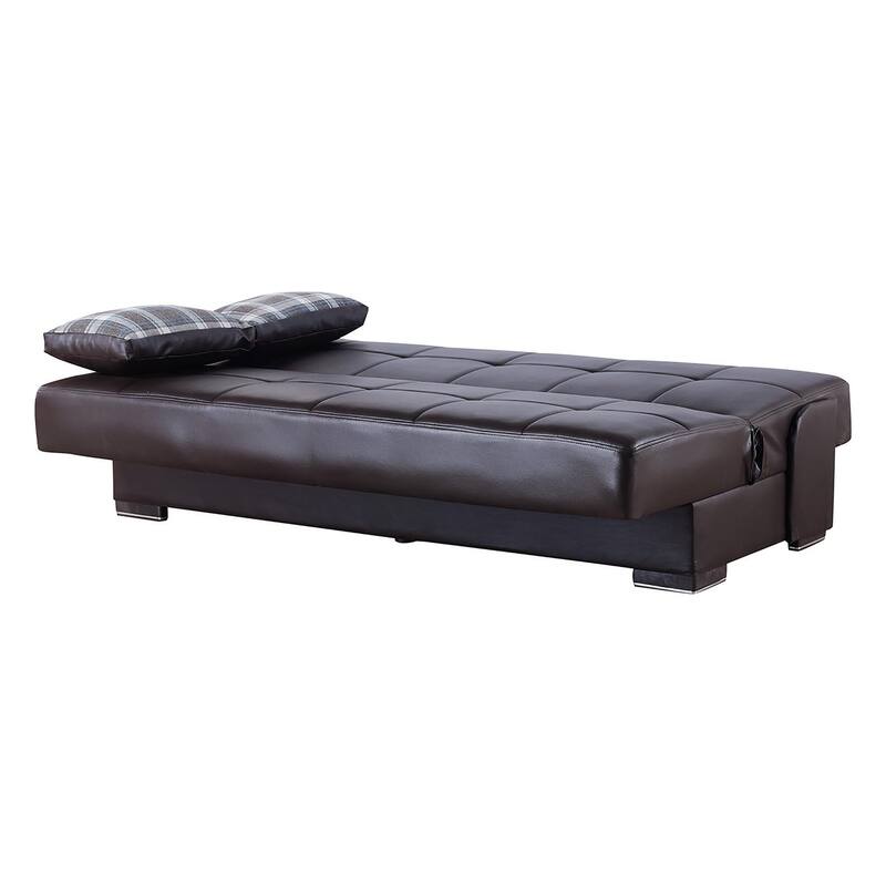 HomeRoots 75" Brown Faux Leather Convertible Futon Sleeper Sofa And Toss Pillows With Storage