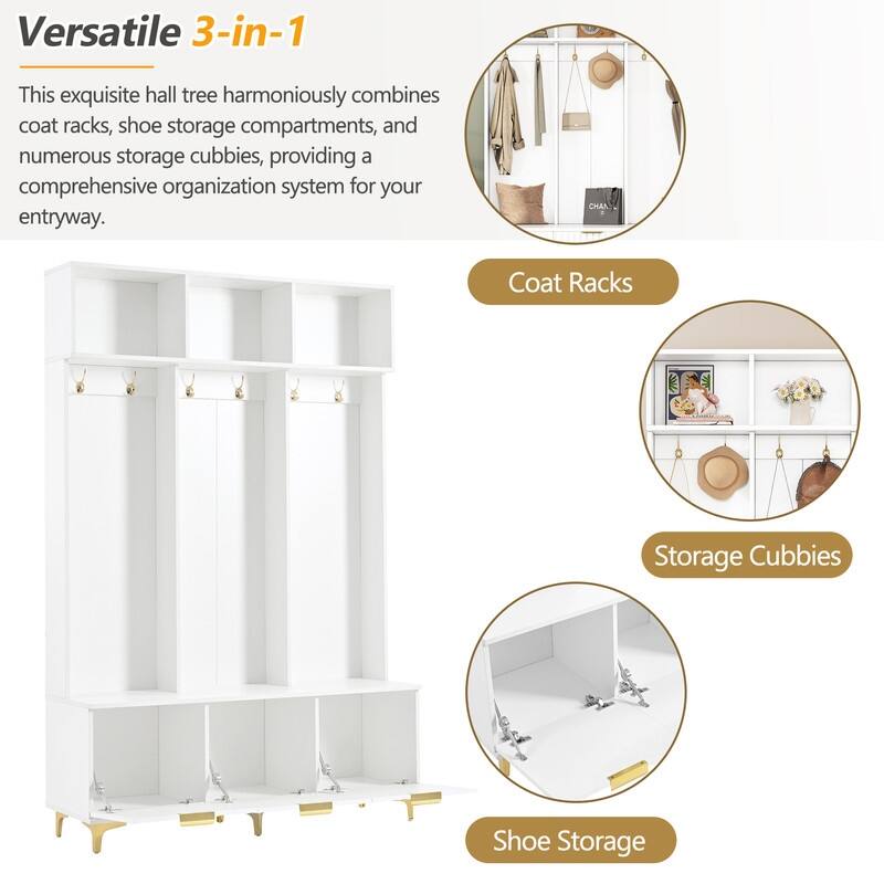Modern Large Storage Hall Tree with Bench,High Gloss Fluted Doors