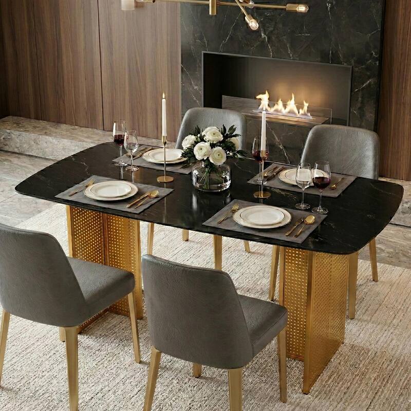Rectangular Tempered Glass Dining Table for 6, Featuring a Marble-Patterned Design with Golden Hollow-Out Metal Legs - Black