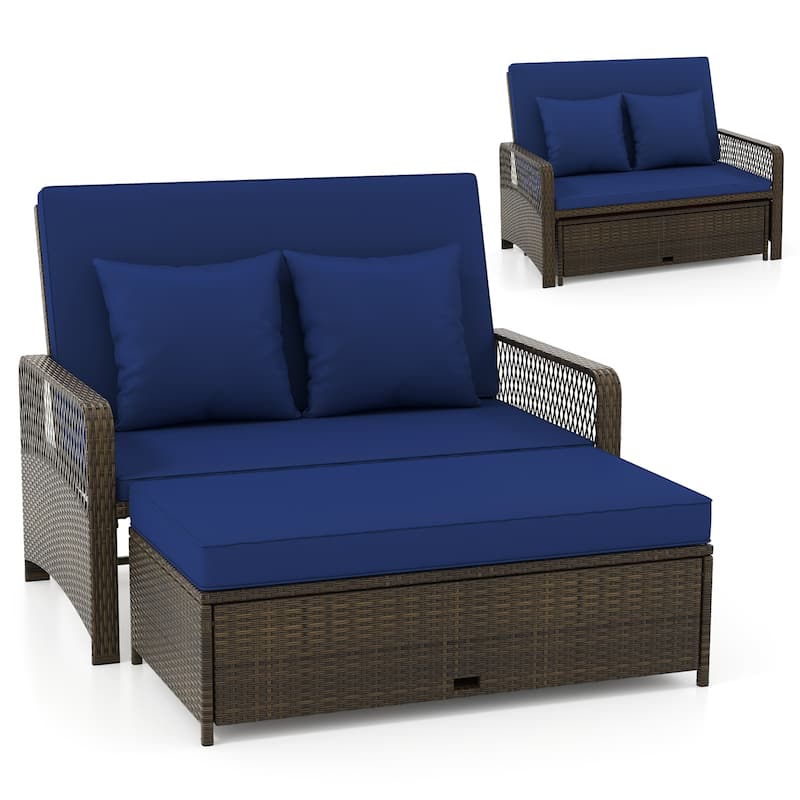 Gymax Patio Rattan Daybed Wicker Loveseat Sofa w/ Multifunctional