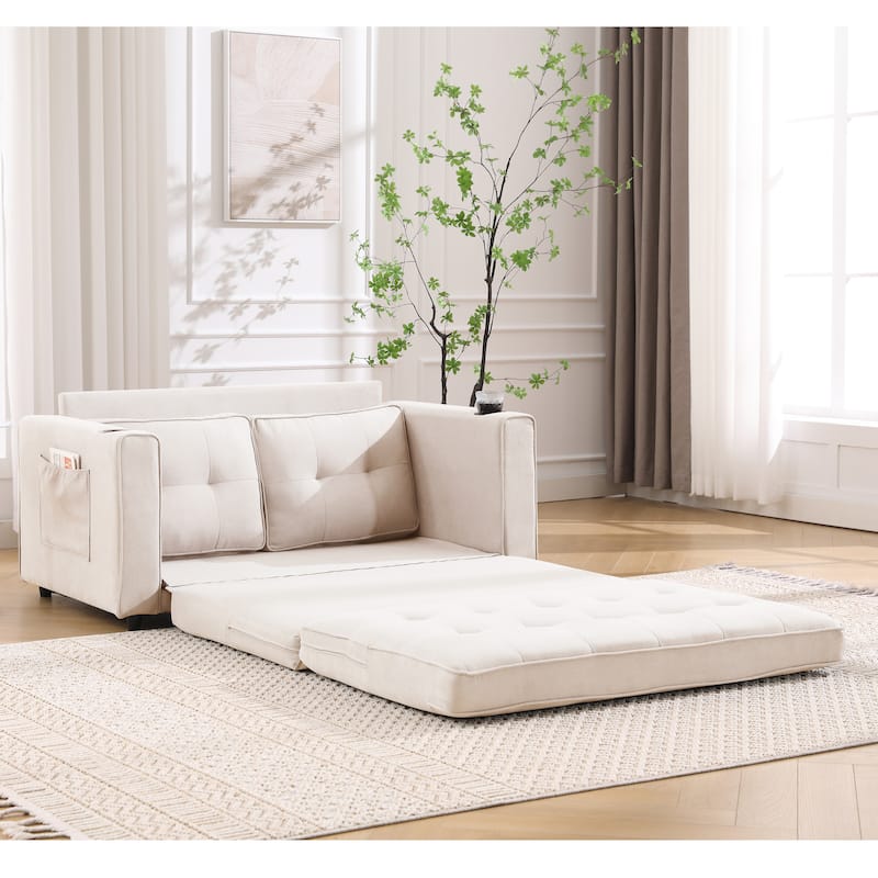 Foldable Tufted Loveseat with Pull Out Bed and Side Pockets