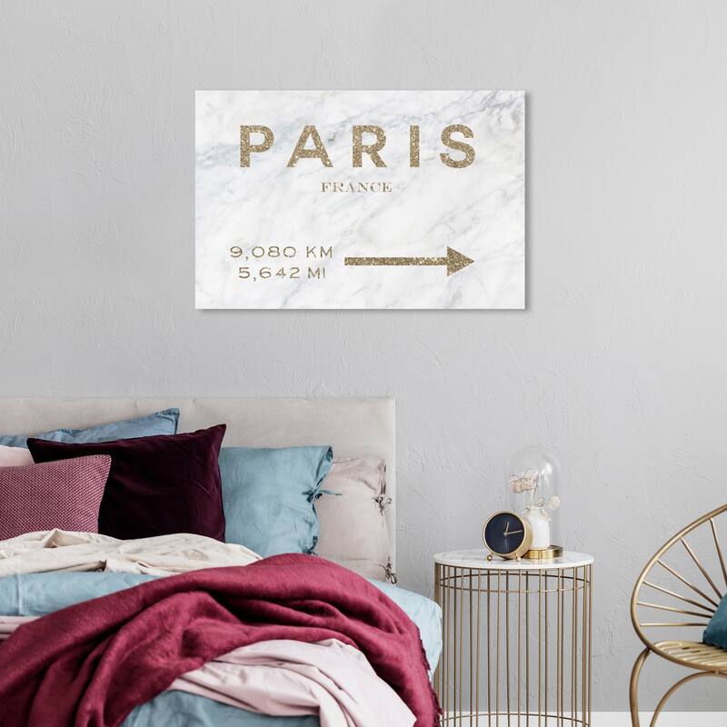 Wynwood Studio Canvas Fashion and Glam Paris Road Sign Marble Gold Glitter Gold and Metallic Gold Glam Wall Art Canvas Print - 24 x 36
