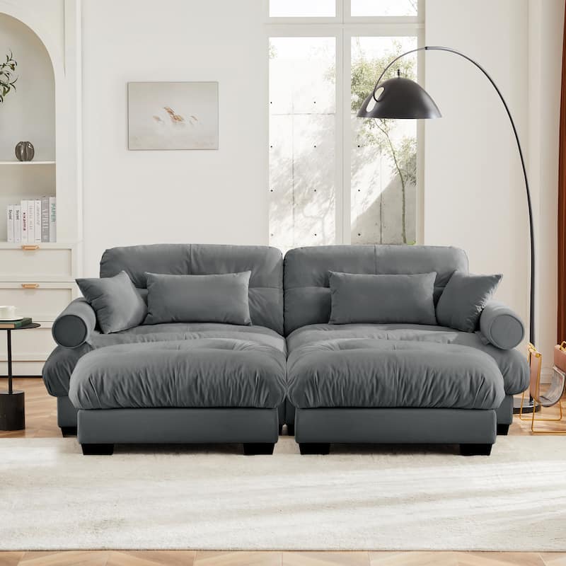Loveseat Sofa Set 93.7" 2-Seater Modular Velvet Couch with Ottoman, Round Arms and Throw Pillows for Living Room, Office