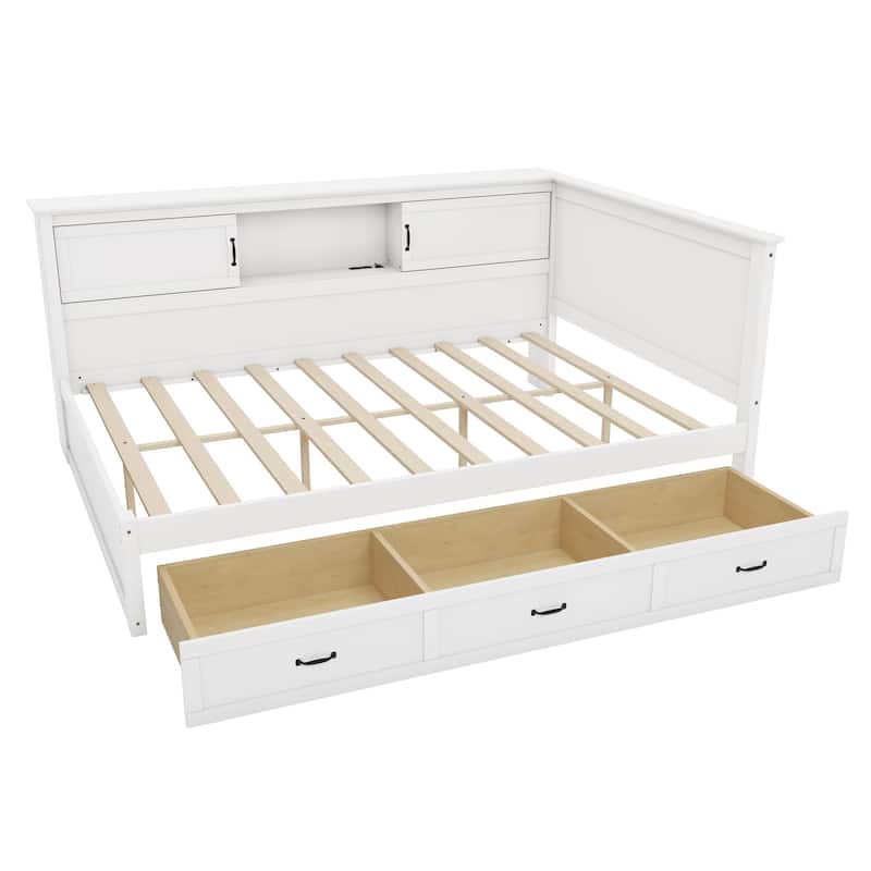 L-Shaped Corner Bed Frame with Drawer, Bookcase, LED Downlight and USB Port