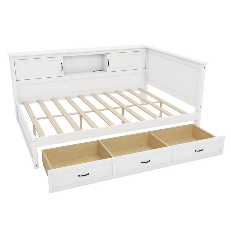 Modern L-Shaped Corner Bed Frame with Drawer, Bookcase, LED Downlight and USB Port
