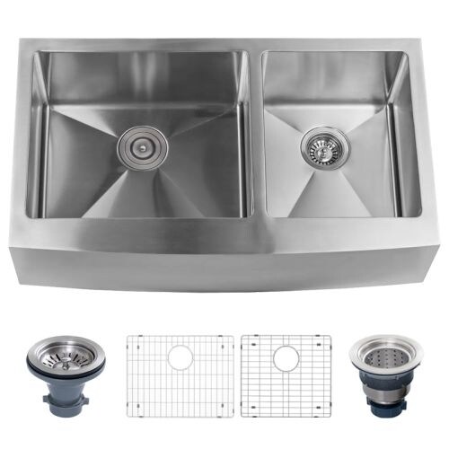 Miseno MSS3320F6040 Farmhouse 33" Double Basin Stainless Steel Kitchen Sink with Apron Front with 60/40 Split - Drain Assemblies