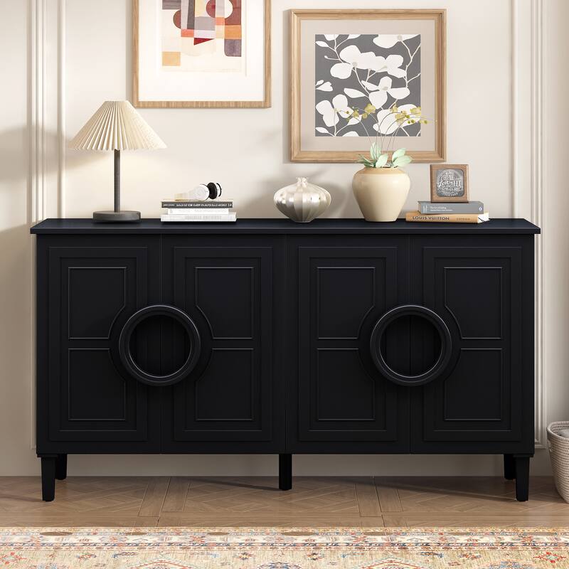 4 Door Entryway Cabinets Buffet Cabinet with 5 Conical Rubber Wood Leg, Storage Cabinet Sideboard with Round Ring Handle