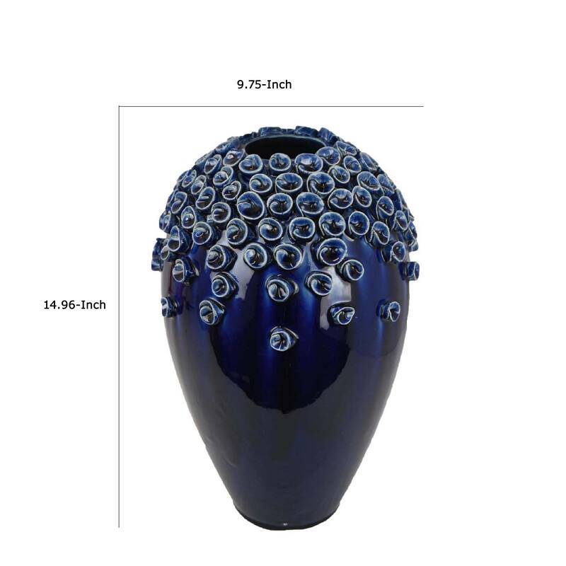 Decorative Vase, Glossy Deep Blue Ceramic, Coral Design, 15 Inch